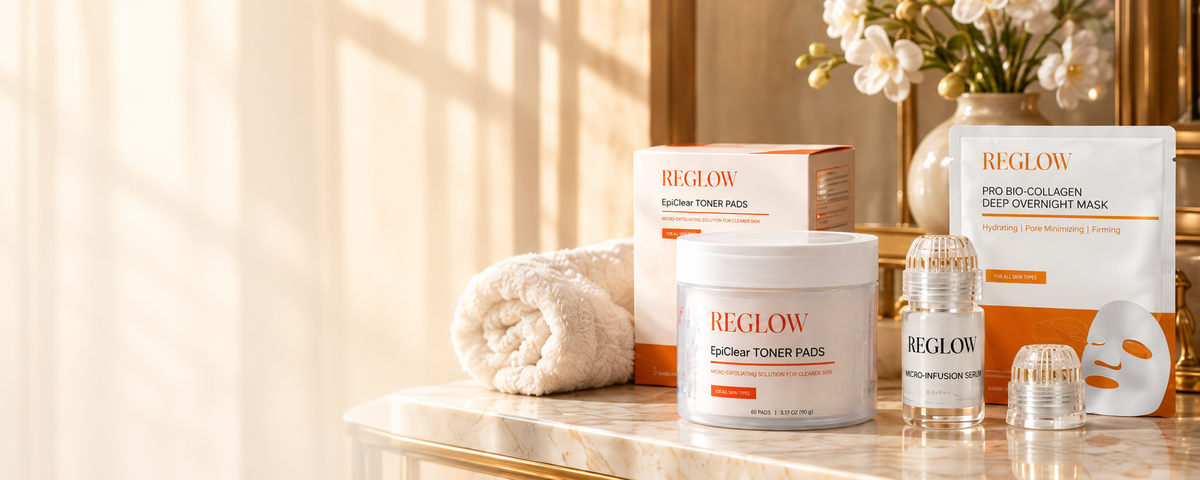 מוצרי טיפוח ומיקרו־אינפיוז'ן של ReGlow על משטח שיש מואר, לצד סחלבים ומגבת בהירה
